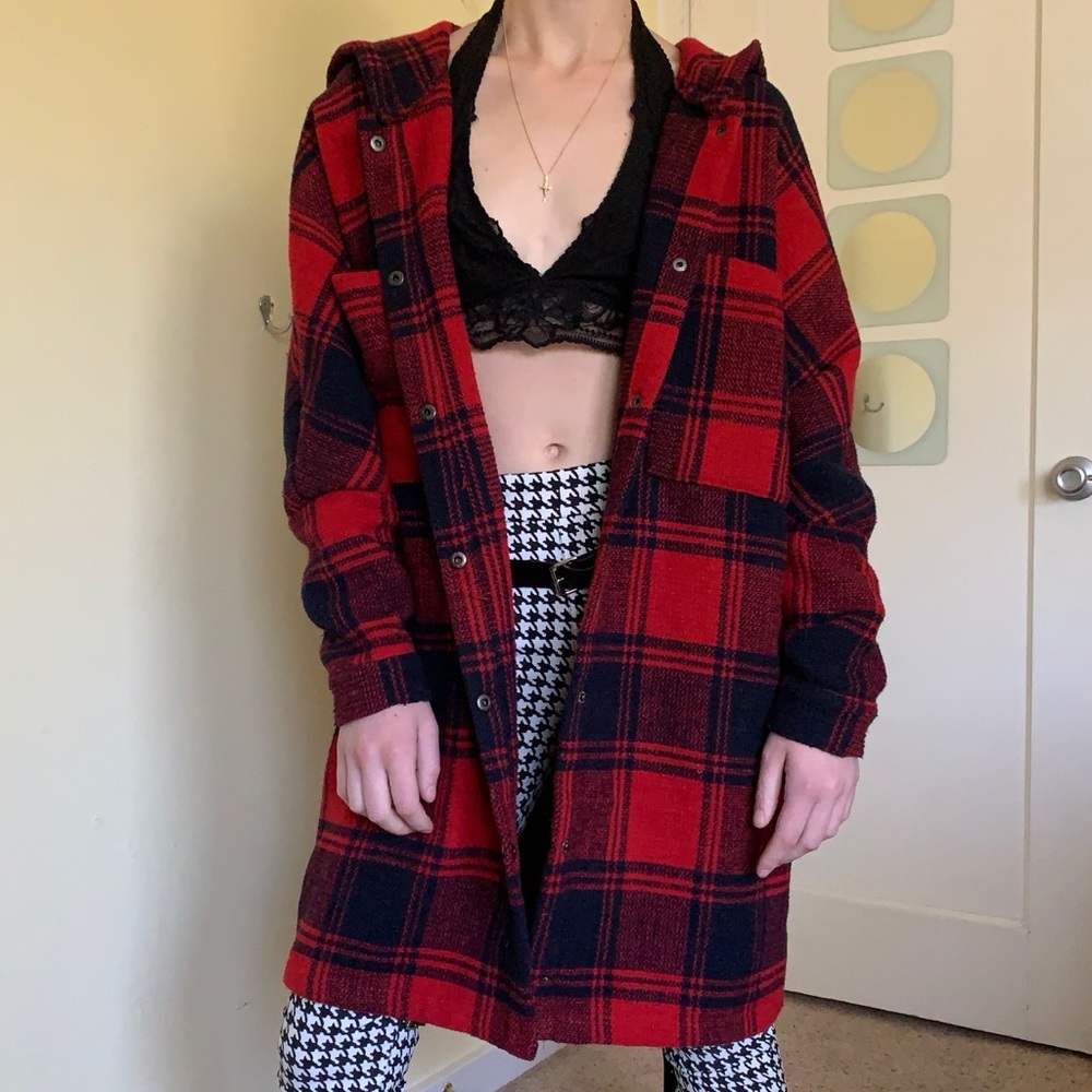 red and navy blue plaid hooded cardigan